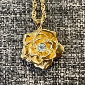 Women’s Gold Tone Rose Necklace with Cubic Zirconia Center on Gold Tone chain